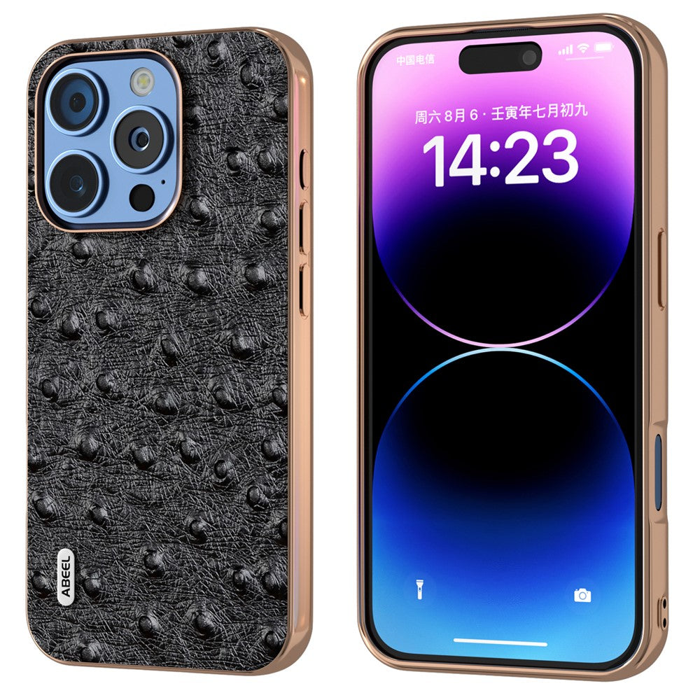 ABEEL For iPhone 16 Pro Case Electroplating Edge Ostrich Texture Genuine Cow Leather Back Cover