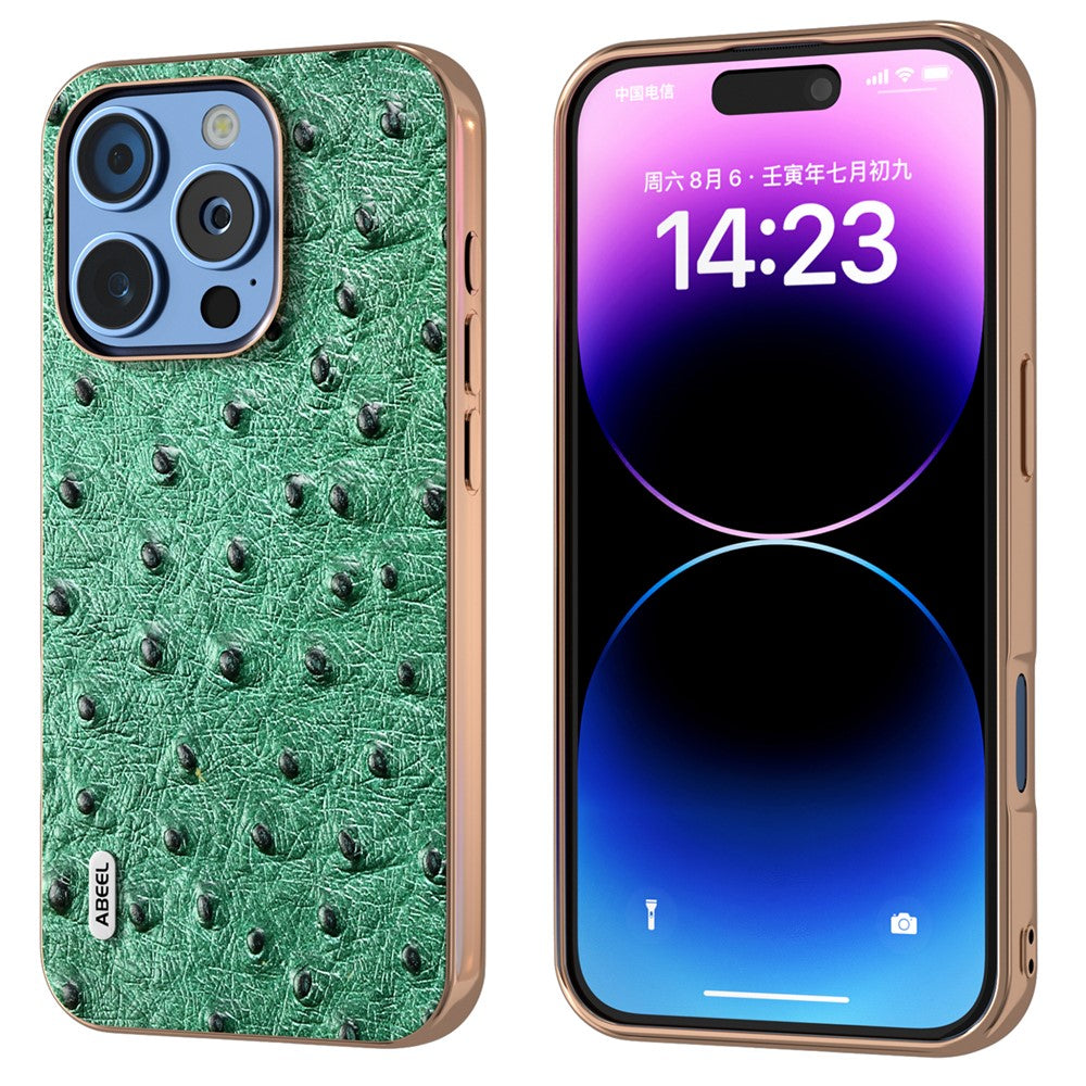 ABEEL For iPhone 16 Pro Case Electroplating Edge Ostrich Texture Genuine Cow Leather Back Cover