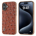 ABEEL For iPhone 16 Case Electroplating Edge Ostrich Texture Genuine Cow Leather Back Cover
