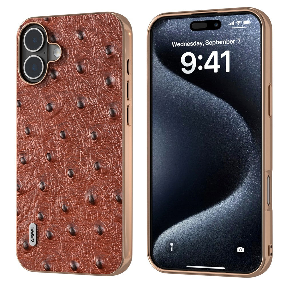 ABEEL For iPhone 16 Case Electroplating Edge Ostrich Texture Genuine Cow Leather Back Cover