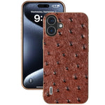 ABEEL For iPhone 16 Case Electroplating Edge Ostrich Texture Genuine Cow Leather Back Cover