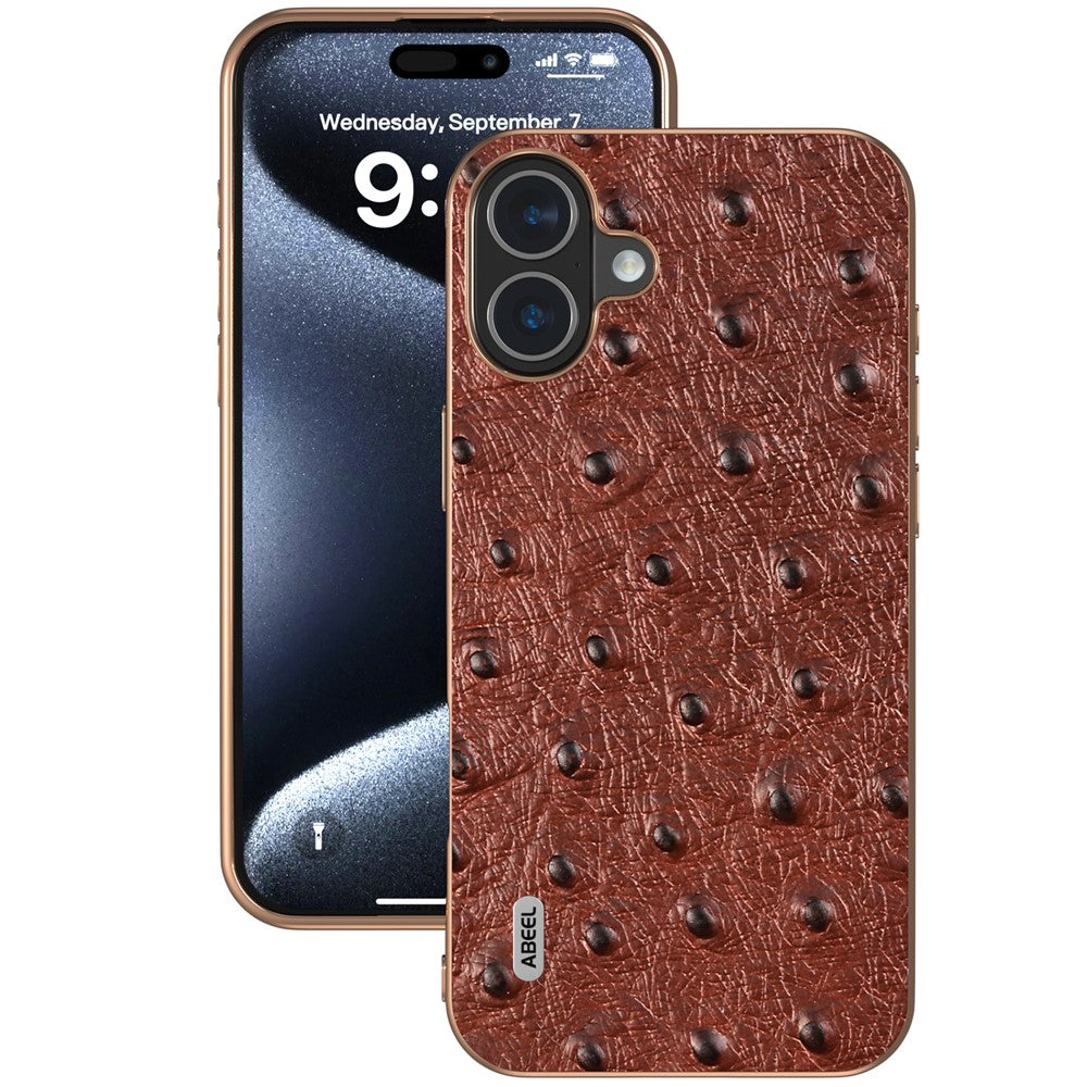 ABEEL For iPhone 16 Case Electroplating Edge Ostrich Texture Genuine Cow Leather Back Cover