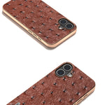 ABEEL For iPhone 16 Case Electroplating Edge Ostrich Texture Genuine Cow Leather Back Cover