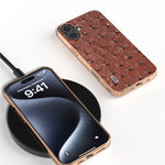 ABEEL For iPhone 16 Case Electroplating Edge Ostrich Texture Genuine Cow Leather Back Cover