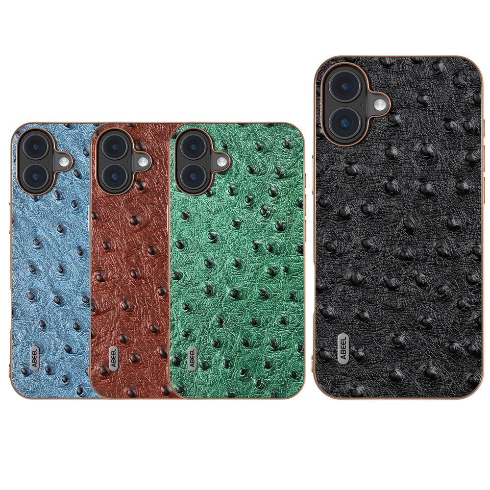 ABEEL For iPhone 16 Case Electroplating Edge Ostrich Texture Genuine Cow Leather Back Cover