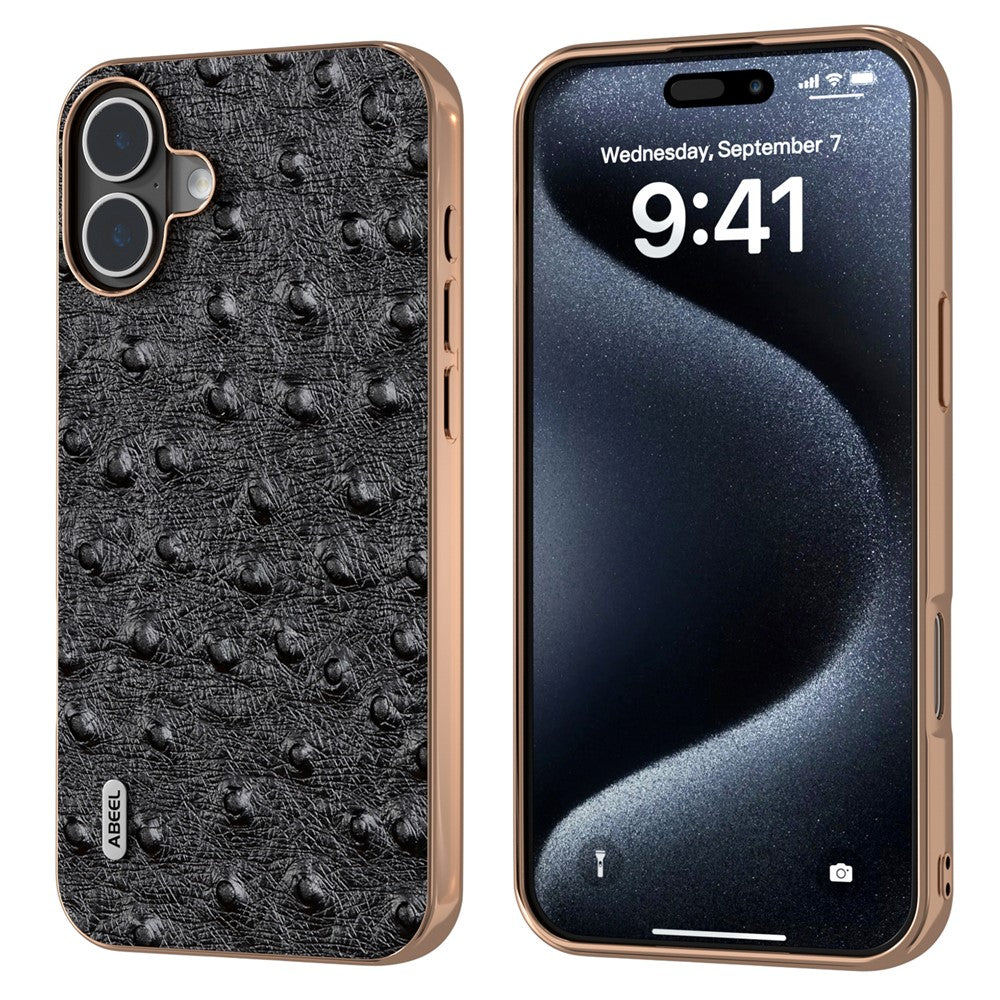 ABEEL For iPhone 16 Case Electroplating Edge Ostrich Texture Genuine Cow Leather Back Cover