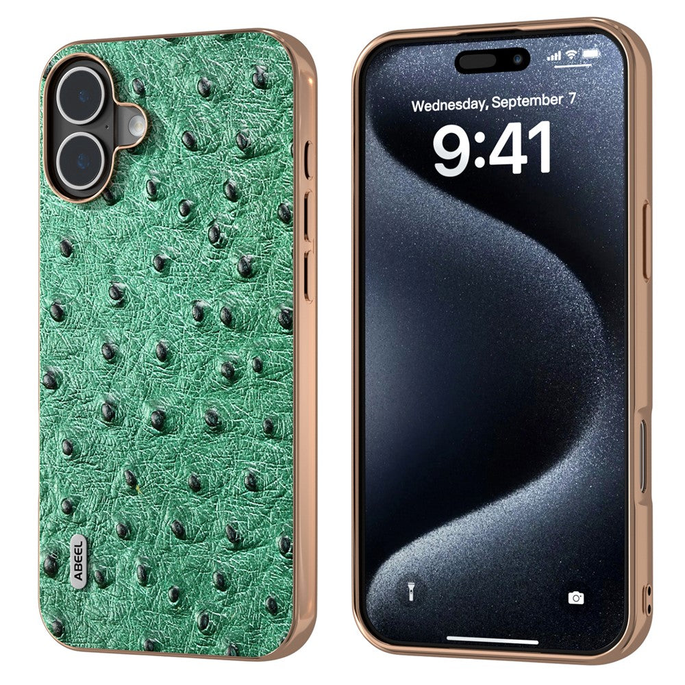 ABEEL For iPhone 16 Case Electroplating Edge Ostrich Texture Genuine Cow Leather Back Cover