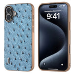 ABEEL For iPhone 16 Case Electroplating Edge Ostrich Texture Genuine Cow Leather Back Cover