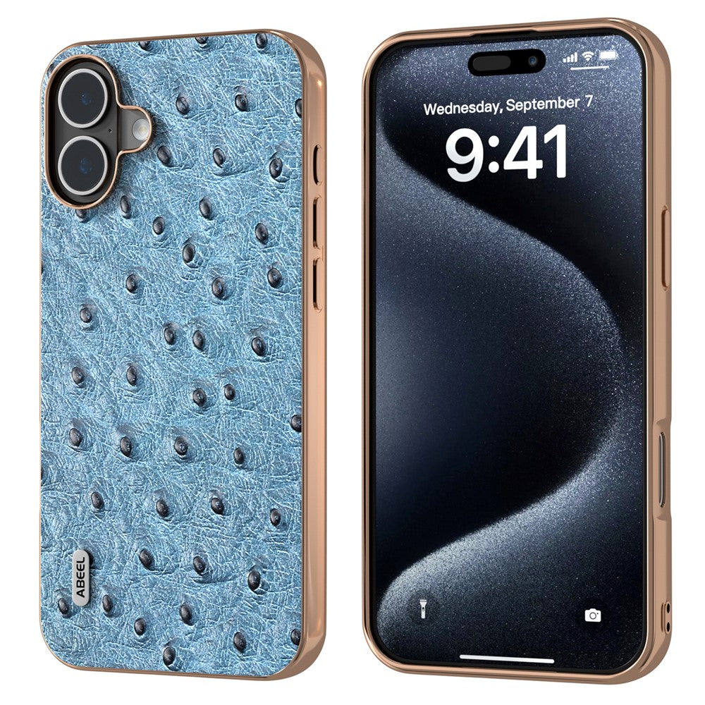 ABEEL For iPhone 16 Case Electroplating Edge Ostrich Texture Genuine Cow Leather Back Cover