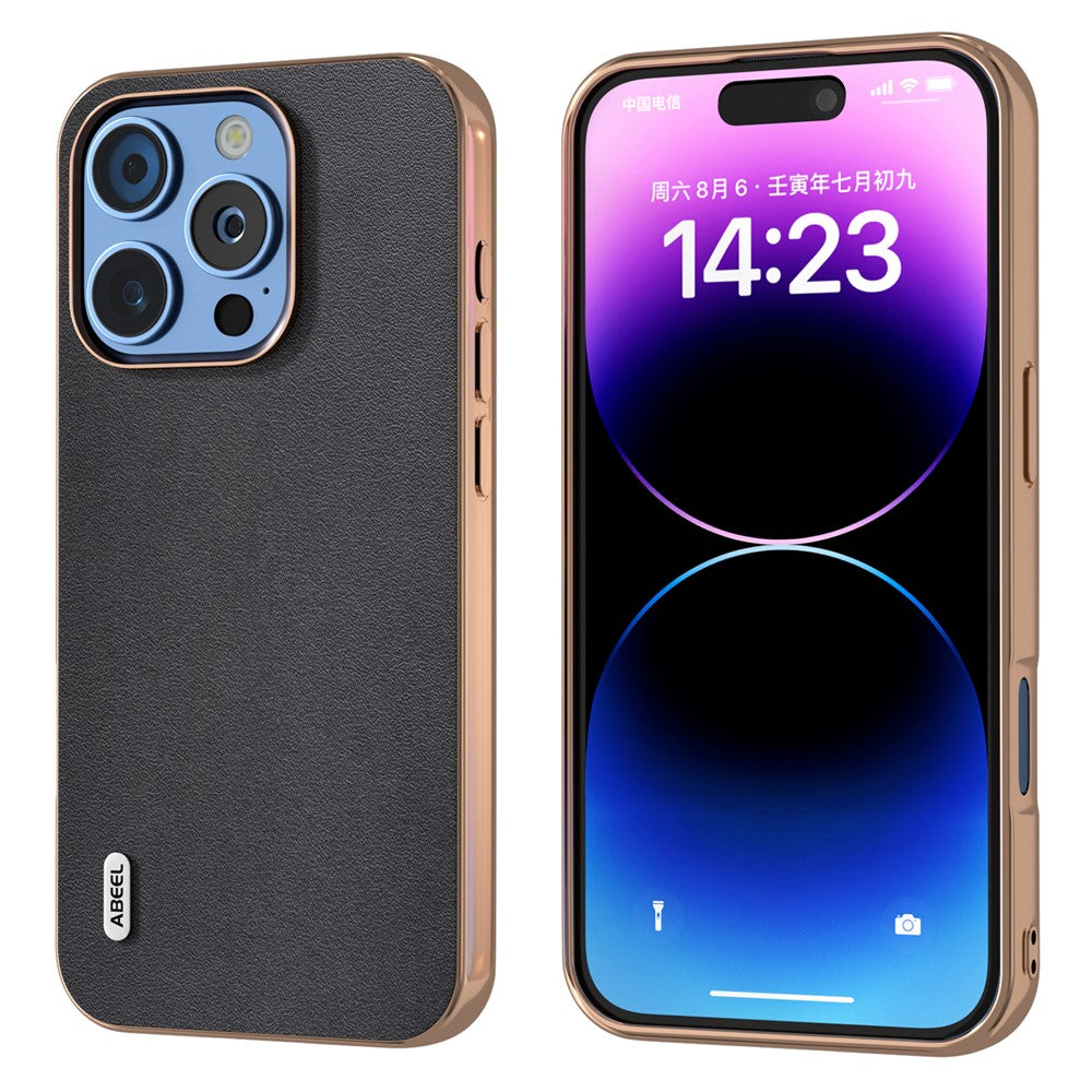 ABEEL For iPhone 16 Pro Max Case Electroplating Edge Genuine Cow Leather+PC+TPU Phone Cover