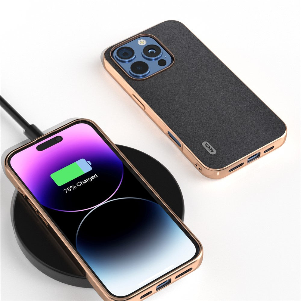 ABEEL For iPhone 16 Pro Max Case Electroplating Edge Genuine Cow Leather+PC+TPU Phone Cover