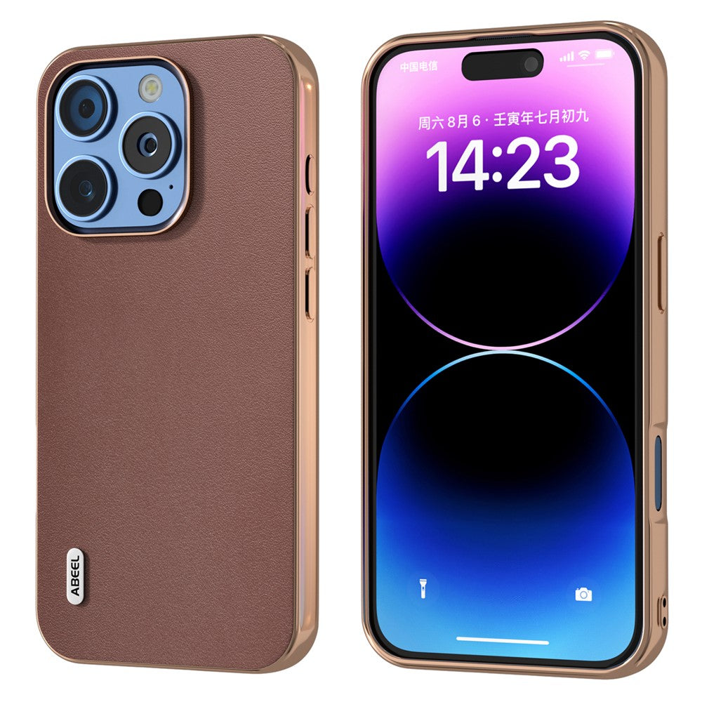 ABEEL For iPhone 16 Pro Case Electroplating Edge Genuine Cow Leather+PC+TPU Phone Cover