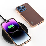 ABEEL For iPhone 16 Pro Case Electroplating Edge Genuine Cow Leather+PC+TPU Phone Cover
