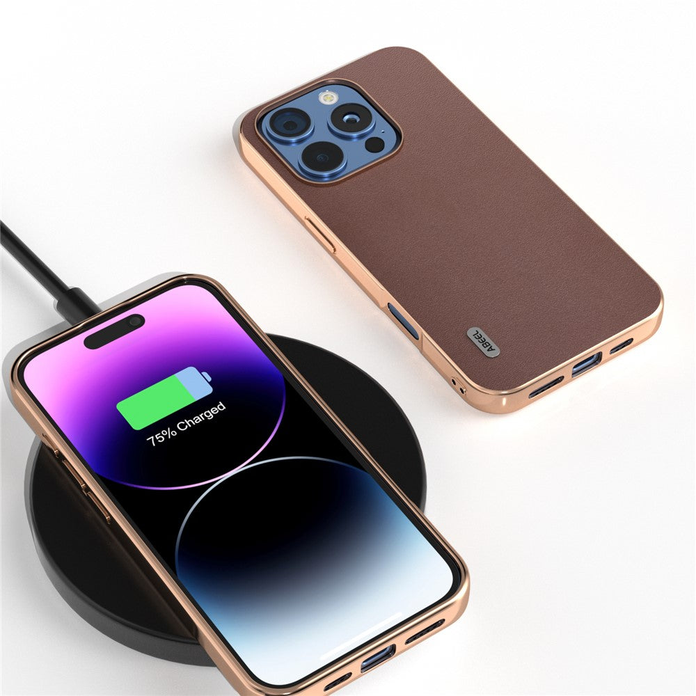 ABEEL For iPhone 16 Pro Case Electroplating Edge Genuine Cow Leather+PC+TPU Phone Cover