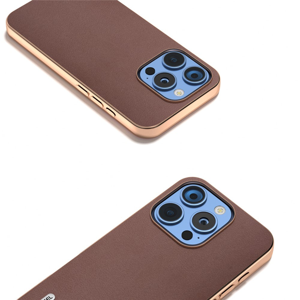 ABEEL For iPhone 16 Pro Case Electroplating Edge Genuine Cow Leather+PC+TPU Phone Cover