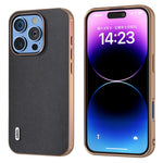ABEEL For iPhone 16 Pro Case Electroplating Edge Genuine Cow Leather+PC+TPU Phone Cover