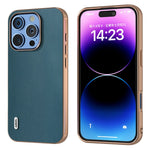 ABEEL For iPhone 16 Pro Case Electroplating Edge Genuine Cow Leather+PC+TPU Phone Cover