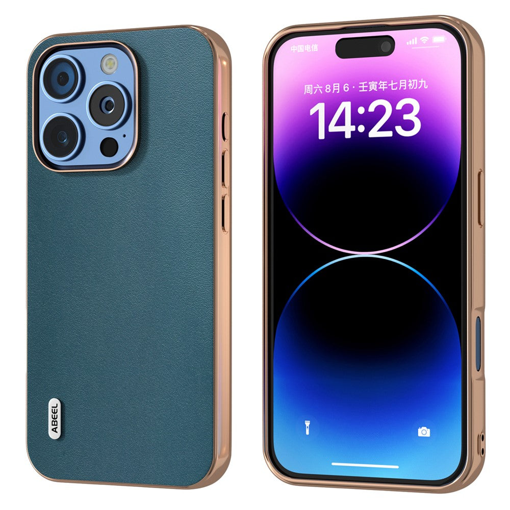 ABEEL For iPhone 16 Pro Case Electroplating Edge Genuine Cow Leather+PC+TPU Phone Cover