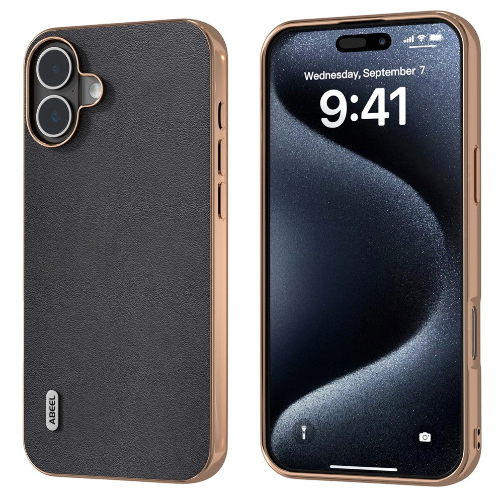 ABEEL For iPhone 16 Case Electroplating Edge Genuine Cow Leather+PC+TPU Phone Cover