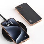 ABEEL For iPhone 16 Case Electroplating Edge Genuine Cow Leather+PC+TPU Phone Cover