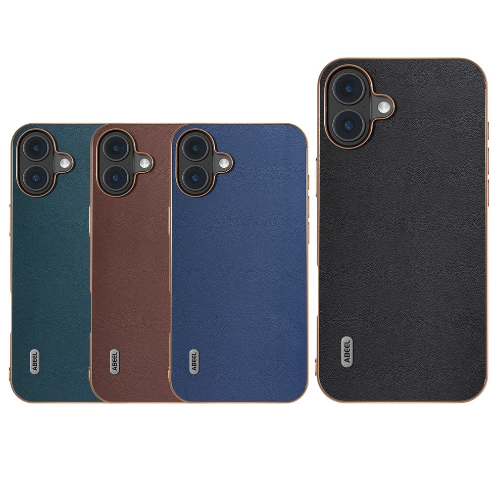 ABEEL For iPhone 16 Case Electroplating Edge Genuine Cow Leather+PC+TPU Phone Cover