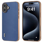 ABEEL For iPhone 16 Case Electroplating Edge Genuine Cow Leather+PC+TPU Phone Cover