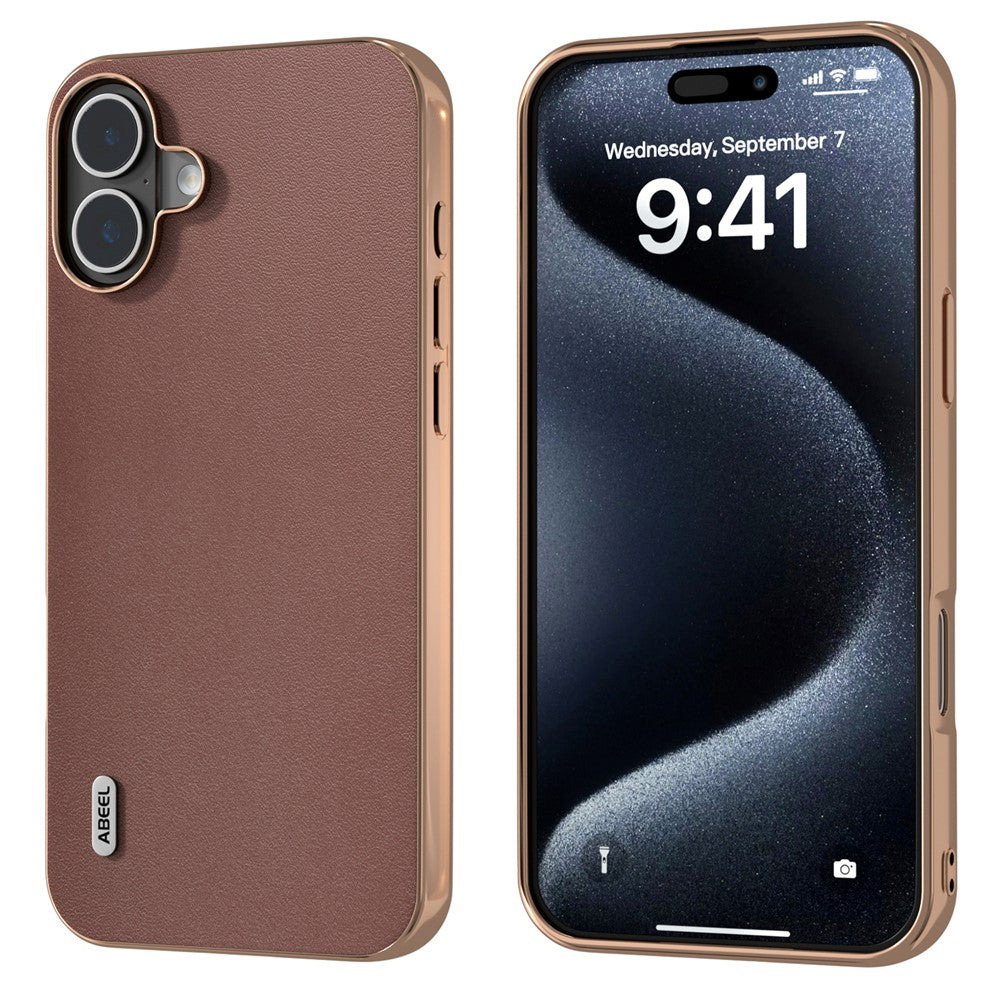 ABEEL For iPhone 16 Case Electroplating Edge Genuine Cow Leather+PC+TPU Phone Cover