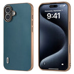 ABEEL For iPhone 16 Case Electroplating Edge Genuine Cow Leather+PC+TPU Phone Cover