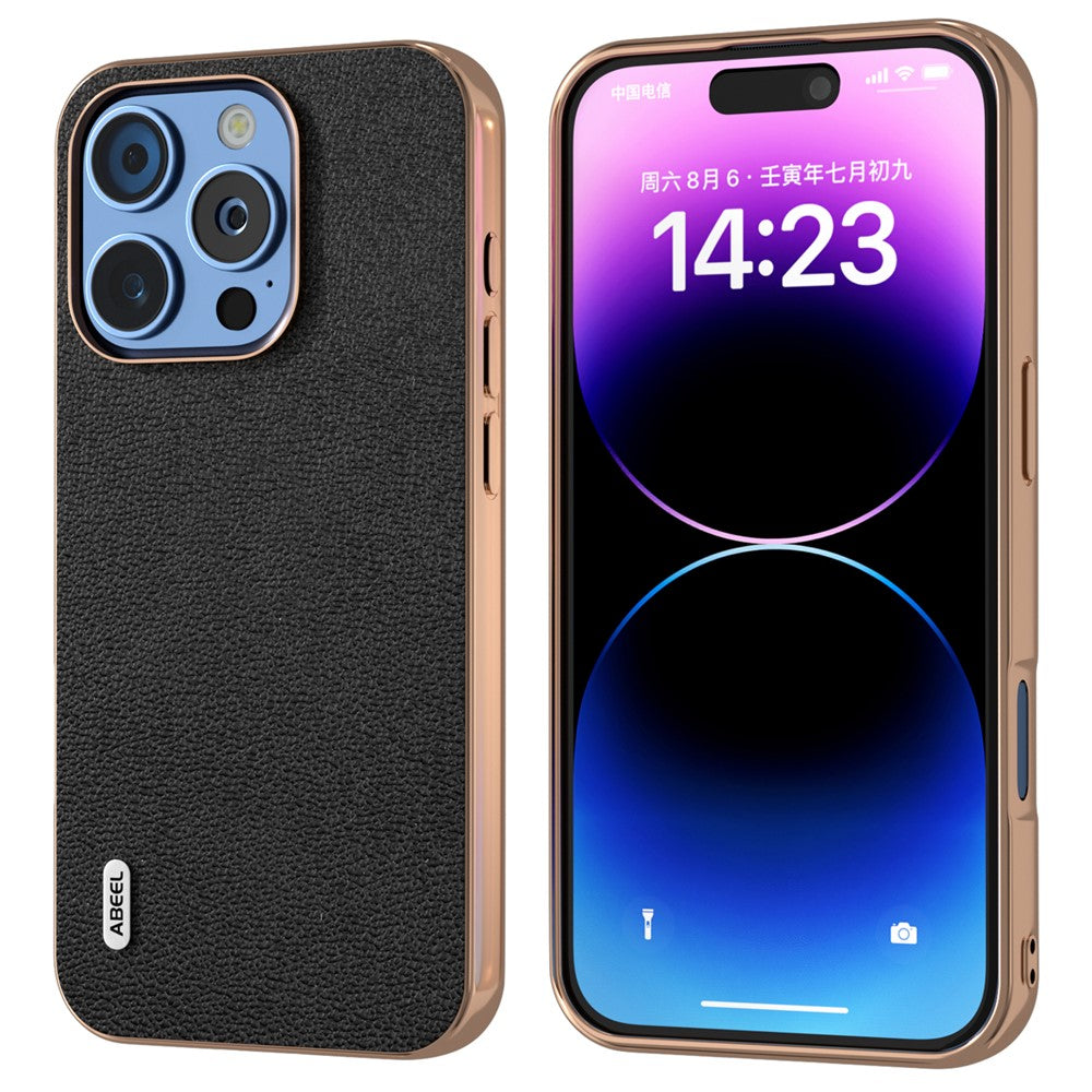 ABEEL til iPhone 16 Pro Max cover galvaniseret kant ægte okselæderbelagt PC+TPU telefoncover