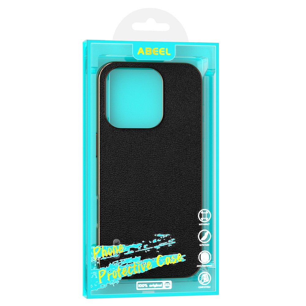 ABEEL For iPhone 16 Pro Max Case Electroplating Edge Genuine Cow Leather Coated PC+TPU Phone Cover