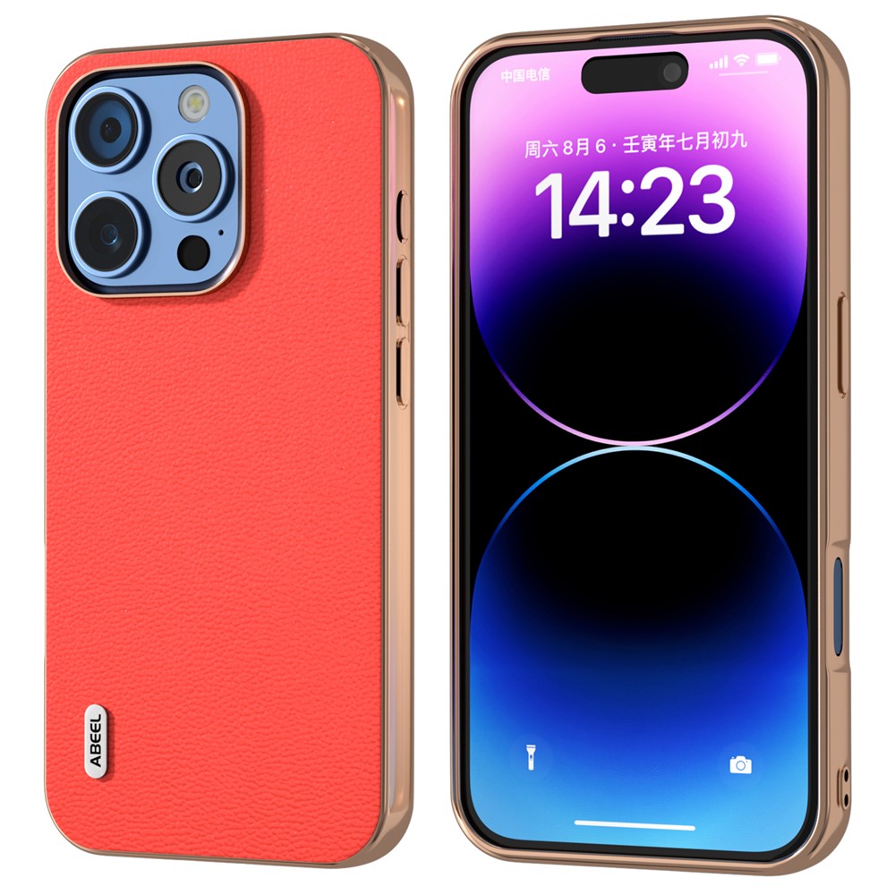 ABEEL For iPhone 16 Pro Max Case Electroplating Edge Genuine Cow Leather Coated PC+TPU Phone Cover