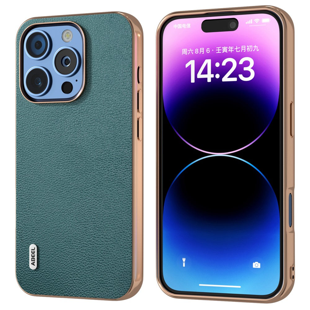 ABEEL till iPhone 16 Pro Fodral Galvaniserad Kant Äkta Koläderbelagd PC+TPU Mobilskal