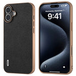 ABEEL For iPhone 16 Case Electroplating Edge Genuine Cow Leather Coated PC+TPU Phone Cover