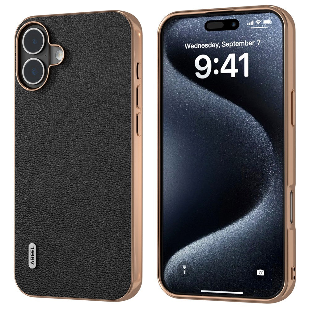 ABEEL For iPhone 16 Case Electroplating Edge Genuine Cow Leather Coated PC+TPU Phone Cover
