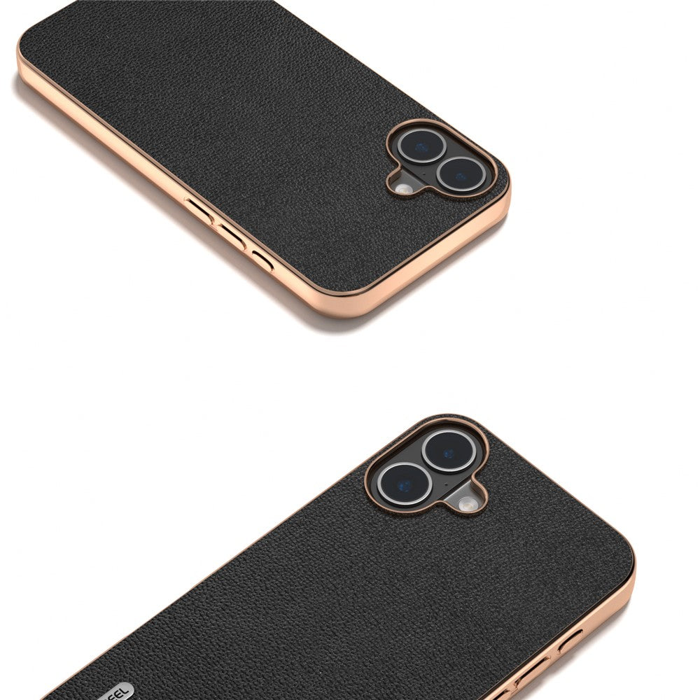 ABEEL For iPhone 16 Case Electroplating Edge Genuine Cow Leather Coated PC+TPU Phone Cover