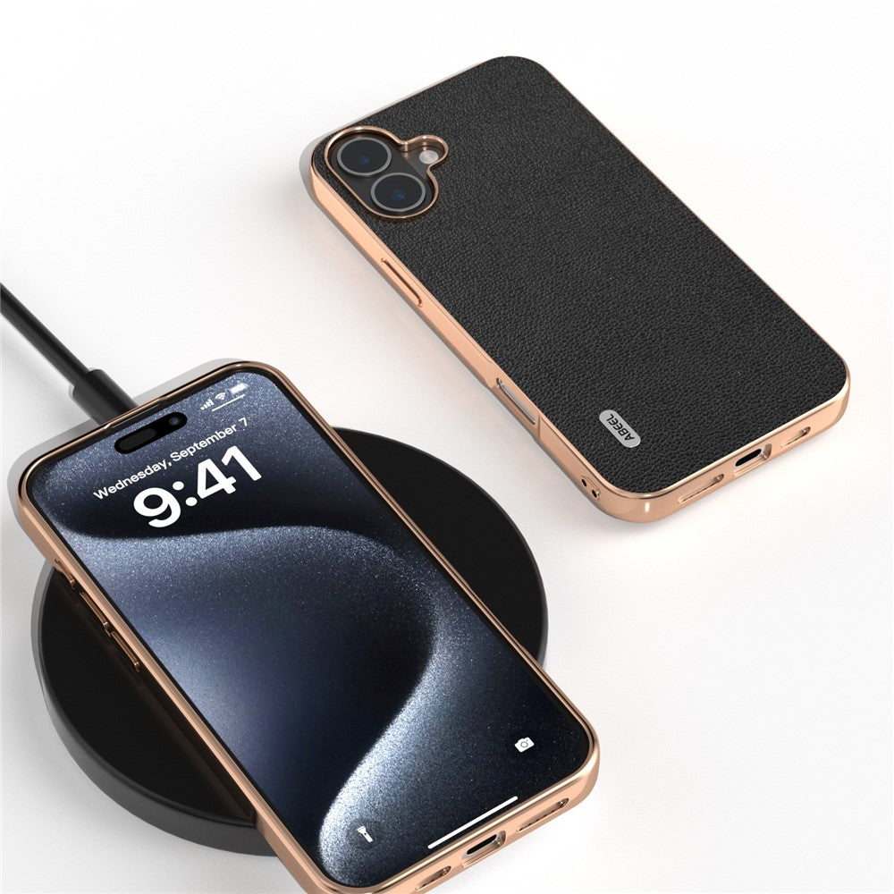 ABEEL For iPhone 16 Case Electroplating Edge Genuine Cow Leather Coated PC+TPU Phone Cover