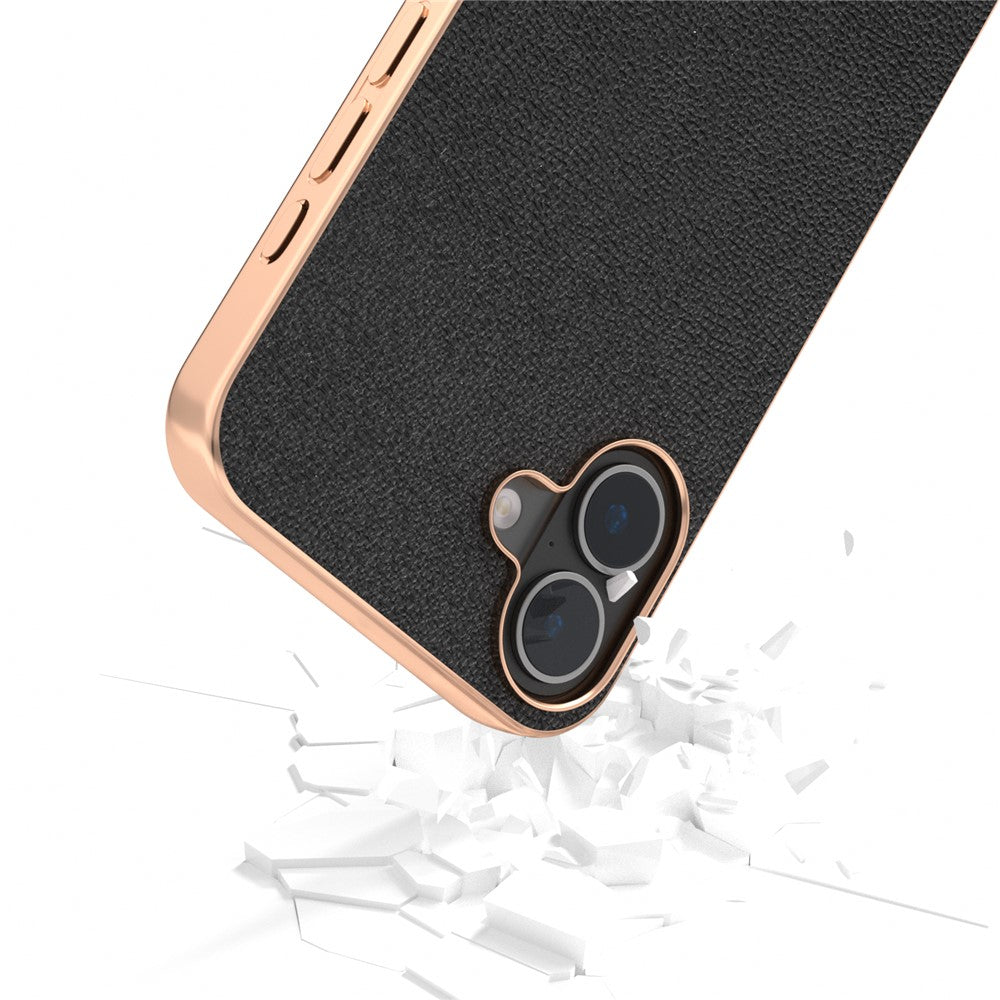 ABEEL For iPhone 16 Case Electroplating Edge Genuine Cow Leather Coated PC+TPU Phone Cover