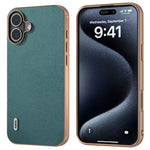 ABEEL For iPhone 16 Case Electroplating Edge Genuine Cow Leather Coated PC+TPU Phone Cover