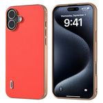 ABEEL For iPhone 16 Case Electroplating Edge Genuine Cow Leather Coated PC+TPU Phone Cover