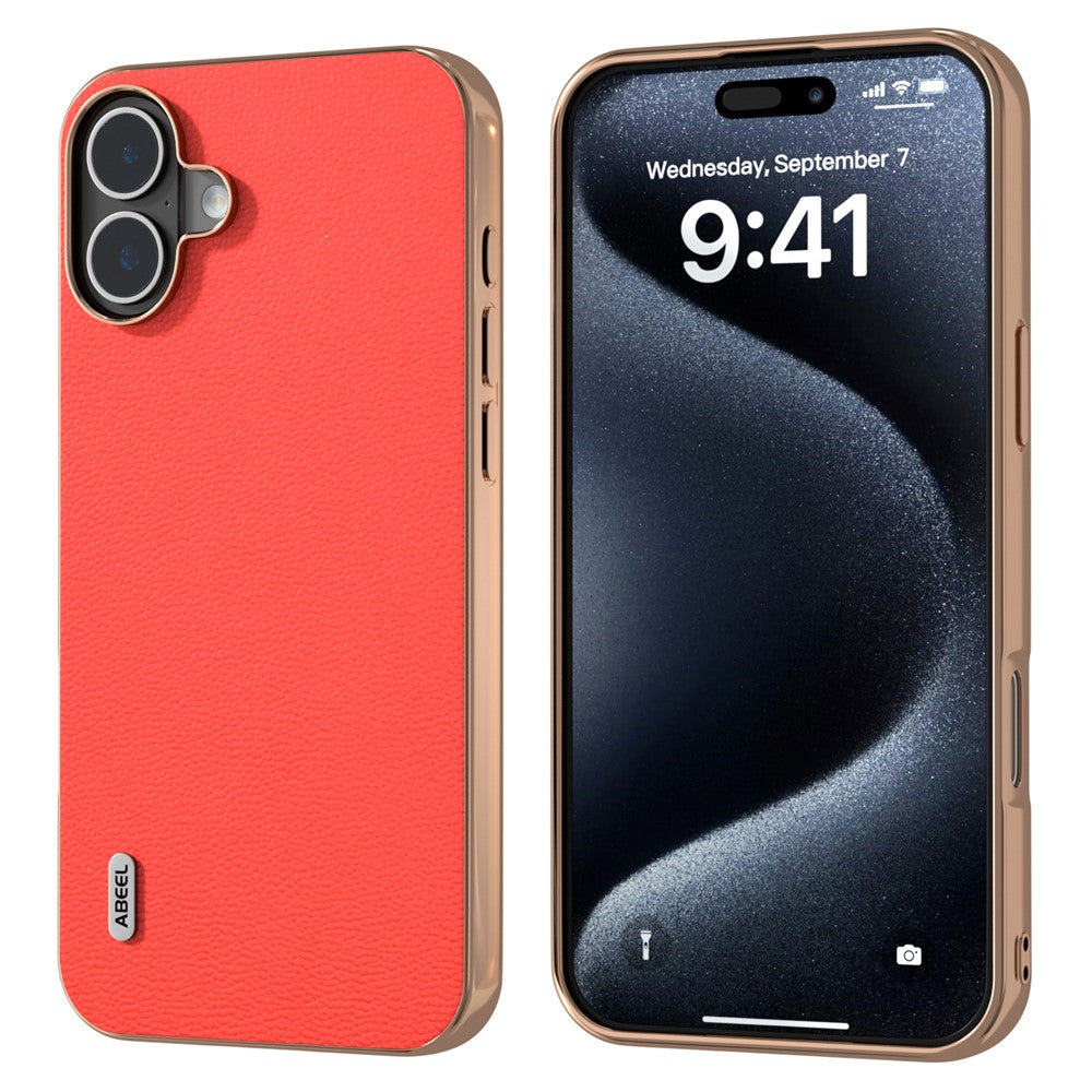 ABEEL For iPhone 16 Case Electroplating Edge Genuine Cow Leather Coated PC+TPU Phone Cover