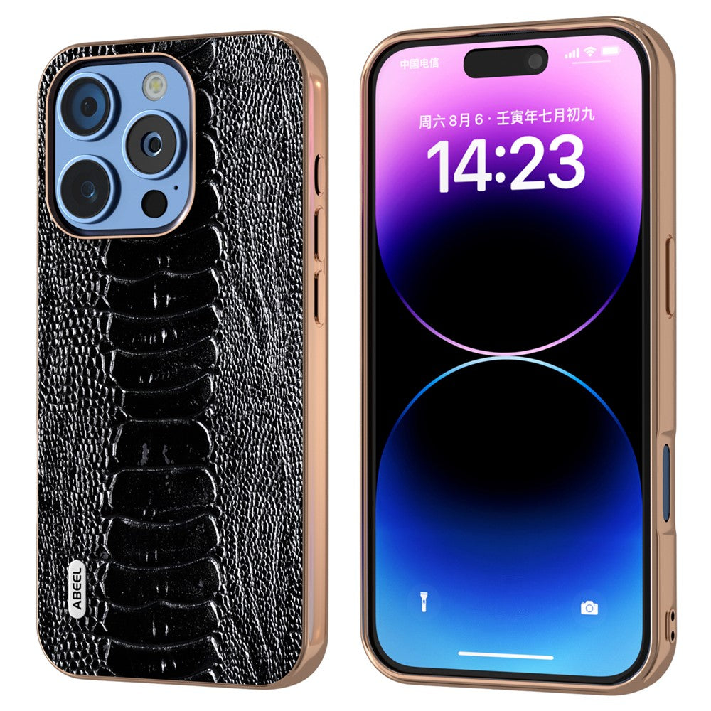 ABEEL For iPhone 16 Pro Max Case Electroplating Edge Crocodile Texture Genuine Cow Leather+TPU+PC Phone Cover