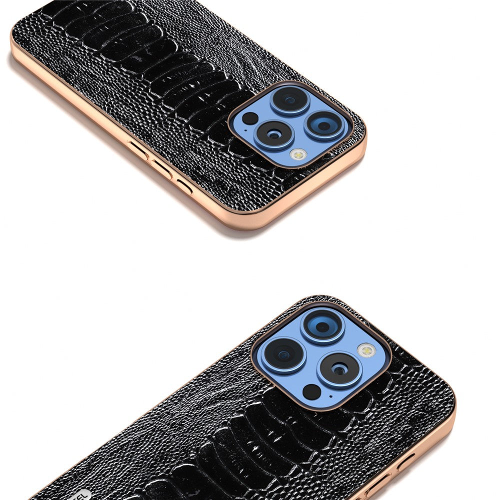 ABEEL For iPhone 16 Pro Max Case Electroplating Edge Crocodile Texture Genuine Cow Leather+TPU+PC Phone Cover