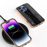 ABEEL For iPhone 16 Pro Max Case Electroplating Edge Crocodile Texture Genuine Cow Leather+TPU+PC Phone Cover