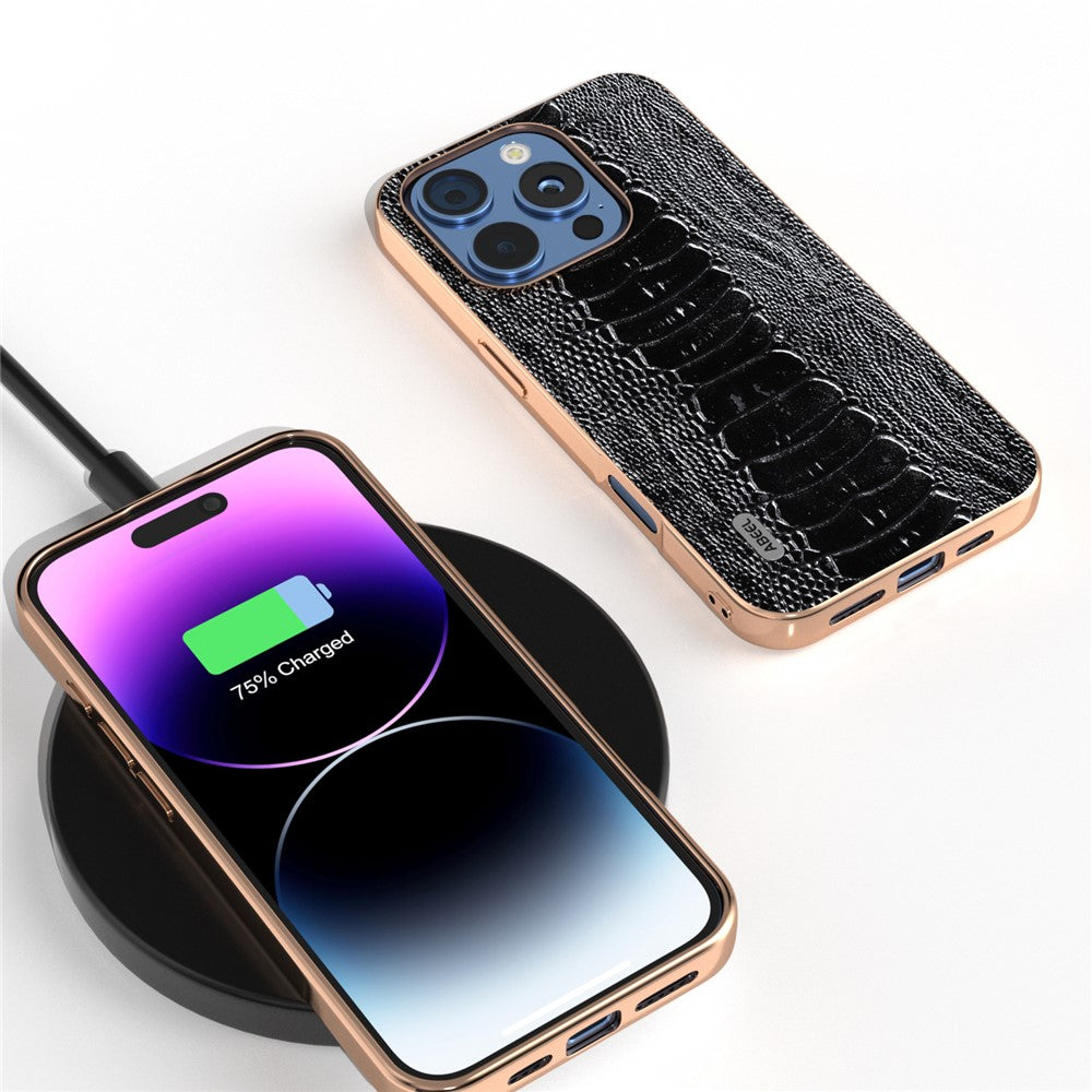 ABEEL For iPhone 16 Pro Max Case Electroplating Edge Crocodile Texture Genuine Cow Leather+TPU+PC Phone Cover