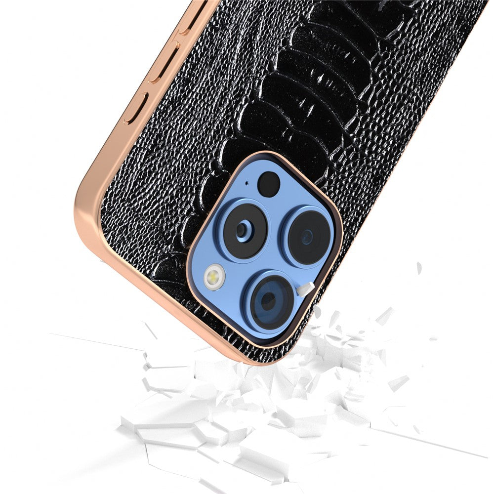 ABEEL For iPhone 16 Pro Max Case Electroplating Edge Crocodile Texture Genuine Cow Leather+TPU+PC Phone Cover