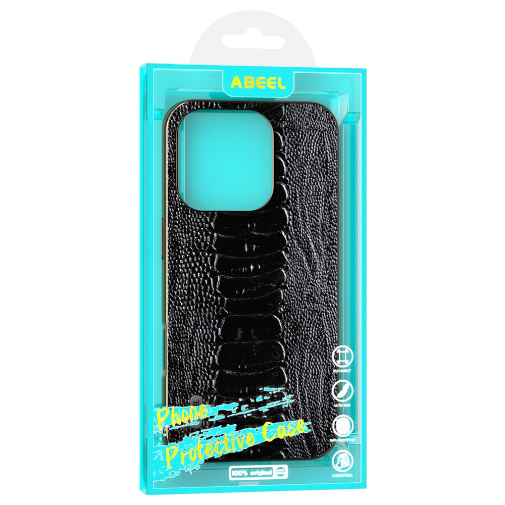 ABEEL For iPhone 16 Pro Max Case Electroplating Edge Crocodile Texture Genuine Cow Leather+TPU+PC Phone Cover