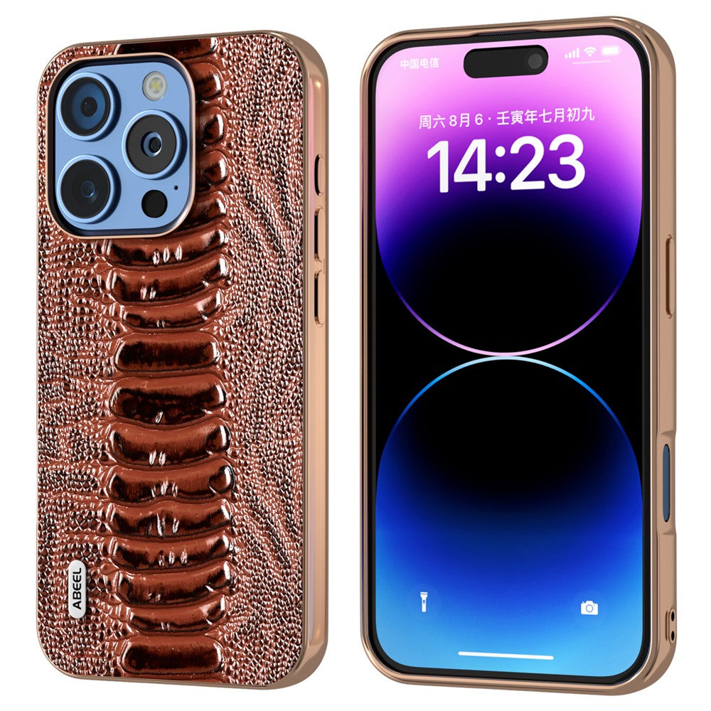 ABEEL For iPhone 16 Pro Max Case Electroplating Edge Crocodile Texture Genuine Cow Leather+TPU+PC Phone Cover