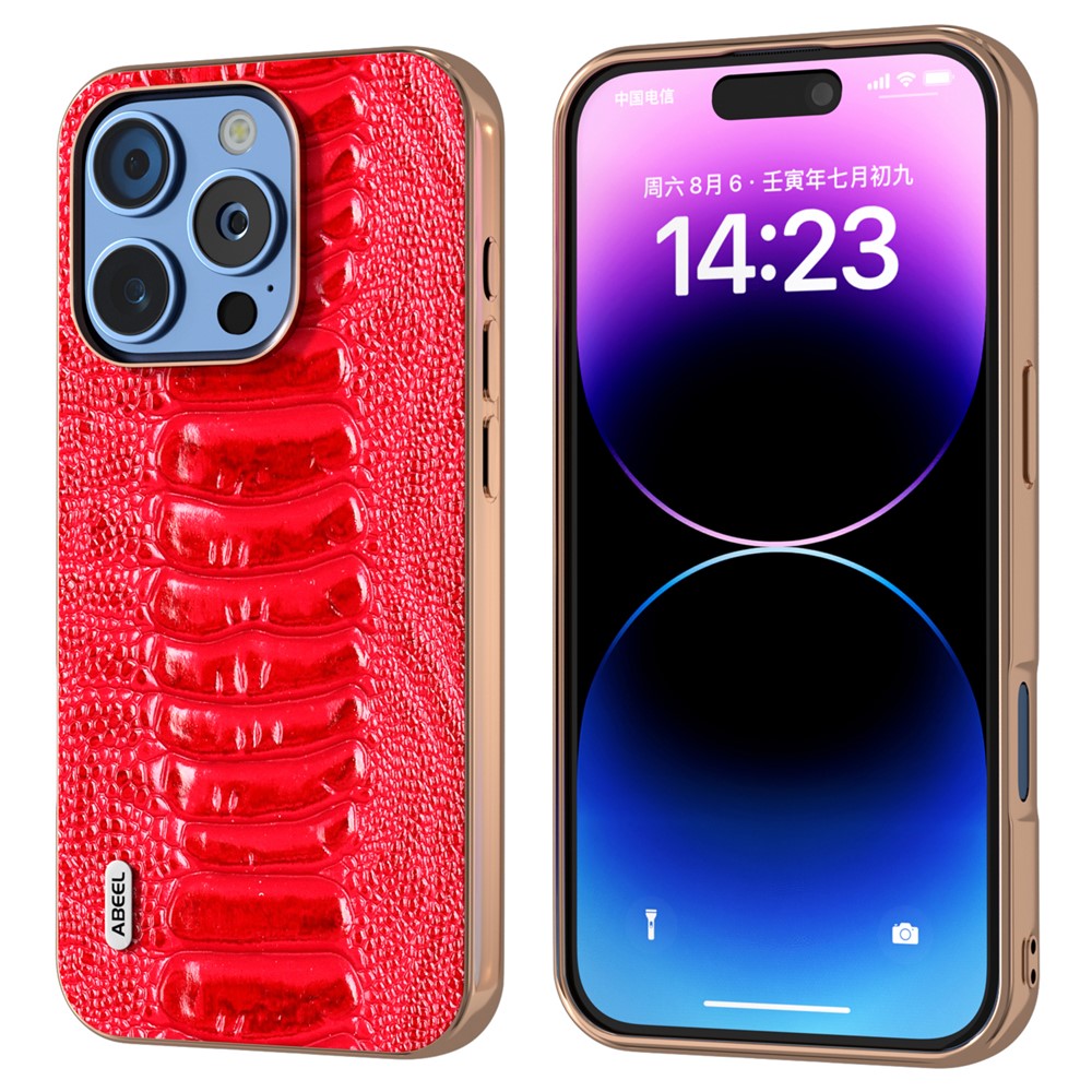 ABEEL för iPhone 16 Pro-skal Elektropläterad kant Krokodiltextur Äkta koläder+TPU+PC mobilskal