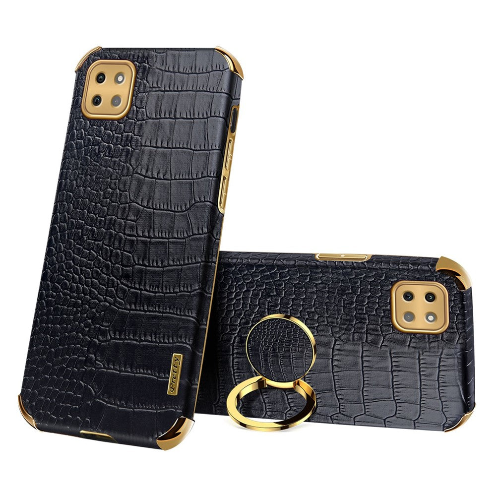 For Samsung Galaxy A22 5G (EU Version) Crocodile Texture PU Leather Coated TPU Case Electroplating Ring Kickstand Phone Cover