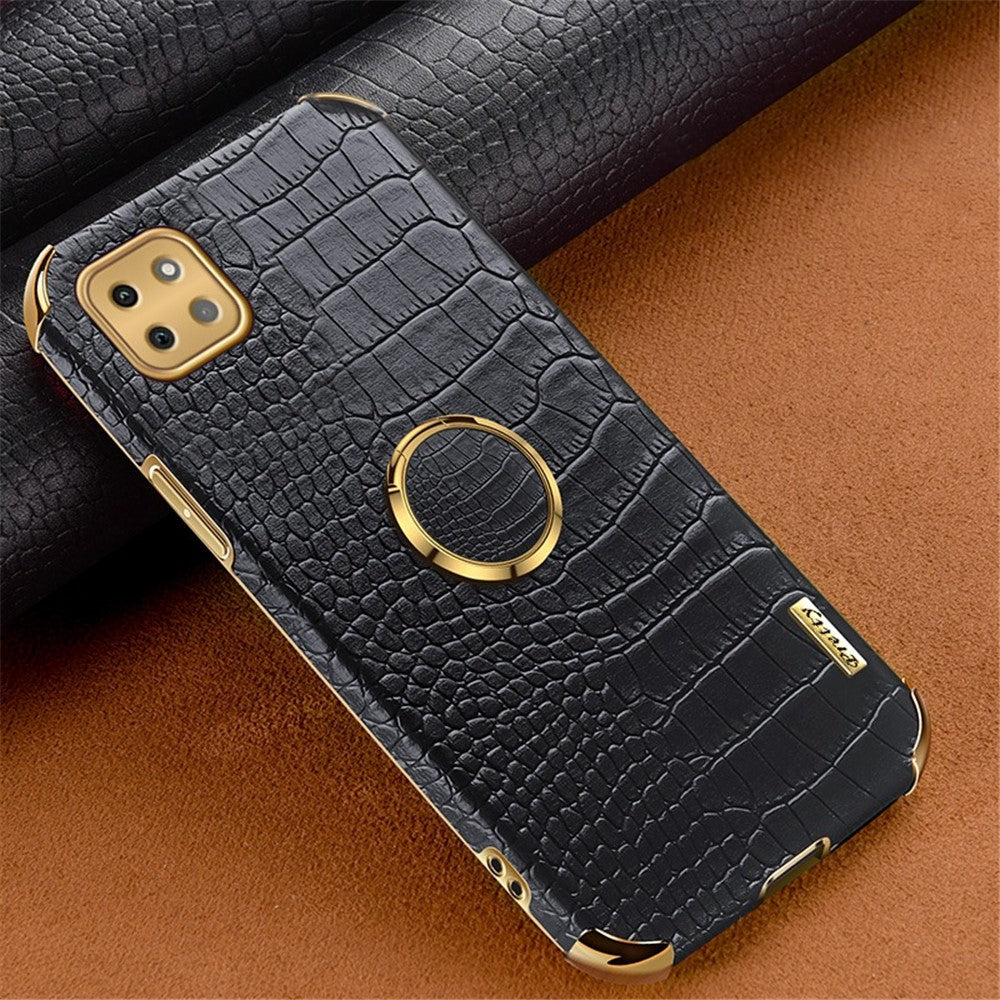 For Samsung Galaxy A22 5G (EU Version) Crocodile Texture PU Leather Coated TPU Case Electroplating Ring Kickstand Phone Cover